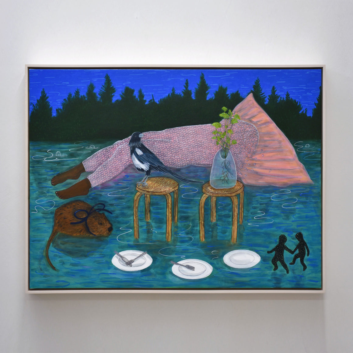 Oeuvre originale de Fanny mesnard réalisée à l’acrylique sur toile. Une sirène rose à l’envers est aux côtés d’un rat musqué et d’une corneille.