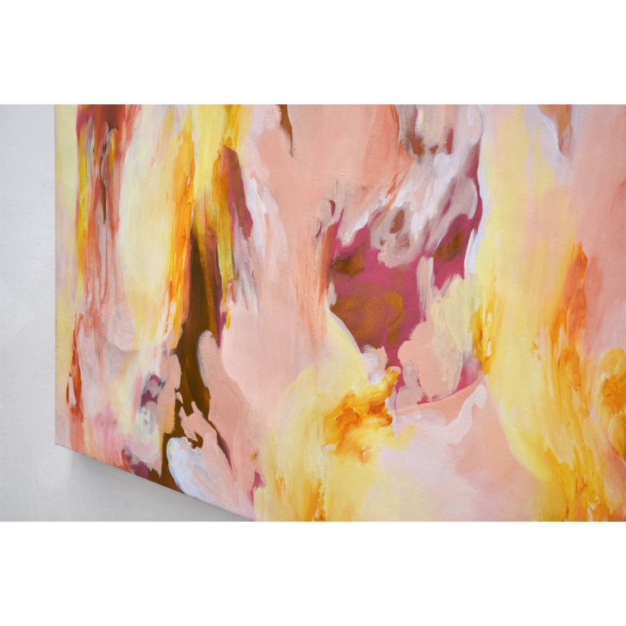 Luminescent, par Laurence Belzile. Acrylique sur toile, 36” x 48”, 2024. Tableau abstrait rose et jaune. Belle gestuelle.