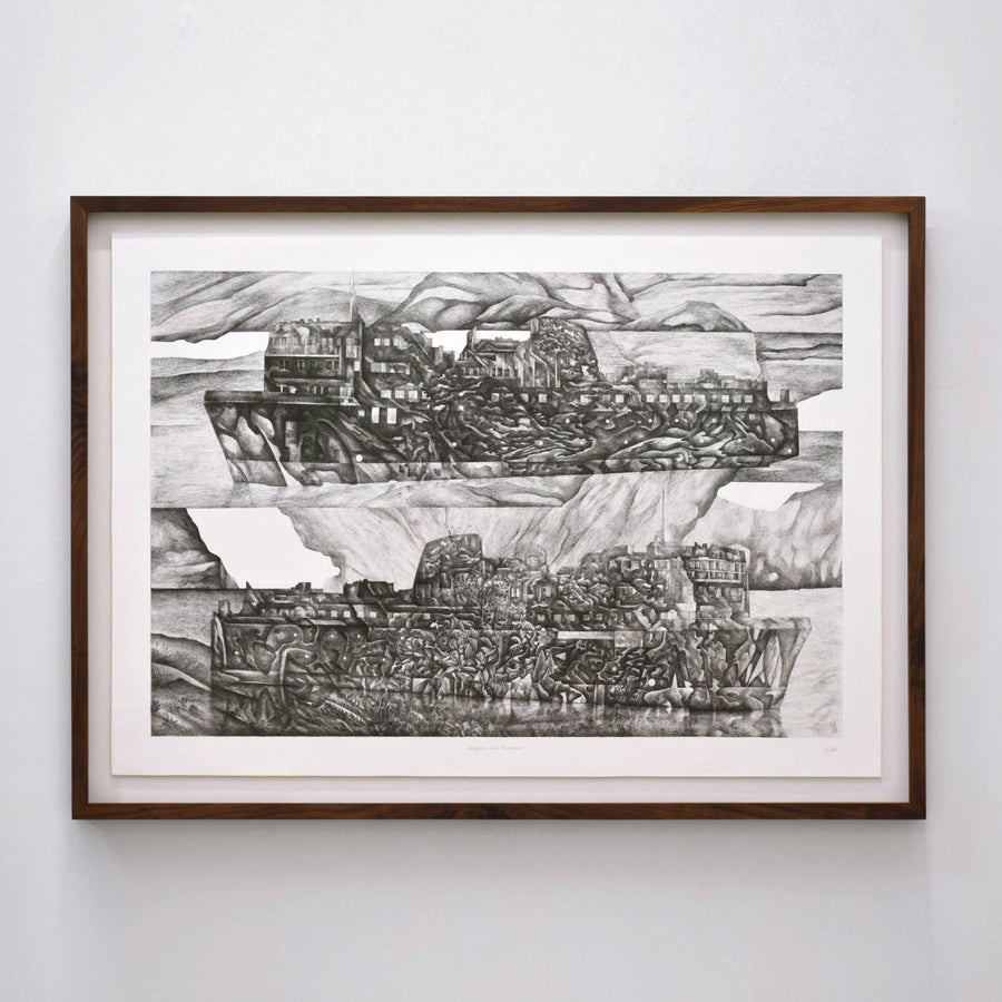 Le tendre reflet, de Josiane Lanthier. Un hommage à Rita Letendre. Grand tableau horizontal du fleuve avec un horizon d’arbres. Cadre noir.