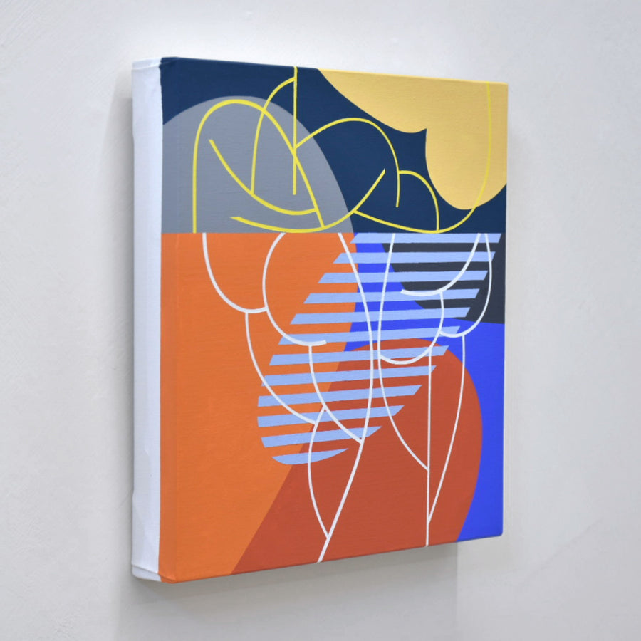 Un paysage abstrait peint par Philippe Poullaouec-Gonidec, inspiré par l’art concret, l’art construit et le mouvement Hard Edge. Nuances de bleu, de rouge et de jaune.