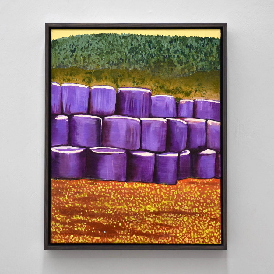 Un tableau inspiré de l’agriculture québécoise par Josiane Lanthier, présenté dans le cadre d’une exposition solo chez Champagne & Paradis à l’automne 2025. Encadrement en frêne couleur gris Rita Letendre par François Simard.