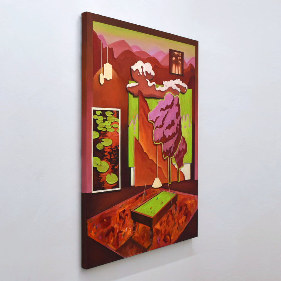 Intitulée « Opale », ce tableau réalisé à l’huile sur toile par Charles Paradis met en scène une table de billard dans un décor surréaliste aux couleurs vives. À voir chez Champagne et Paradis !