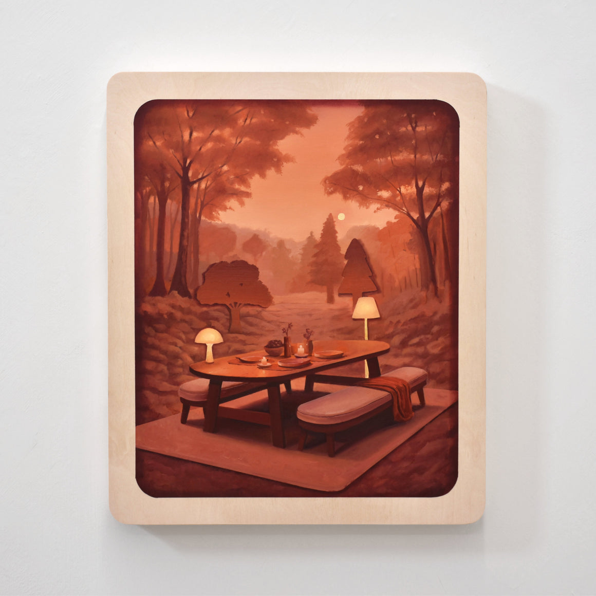 Composition rouge d’une salle à manger en forêt, réalisée à l’huile sur bois par l’artiste visuel Charles Paradis.