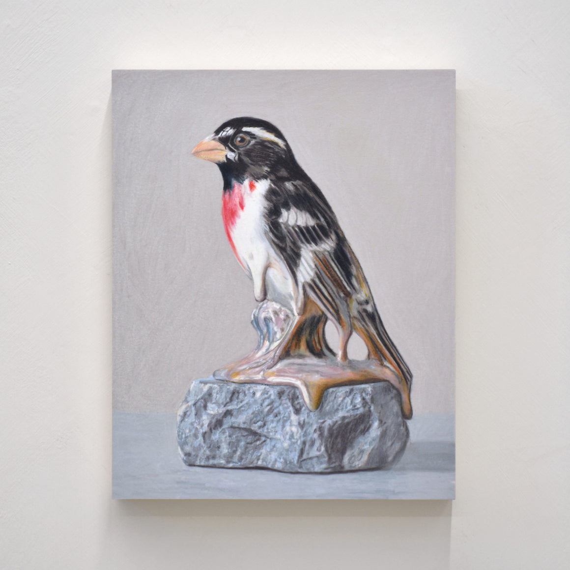 Dessin réalisé aux crayons de couleur par Pierre Durette et présenté dans le cadre de son exposition « Marécage ». Un cardinal à poitrine rose en porcelaine sur une pierre.