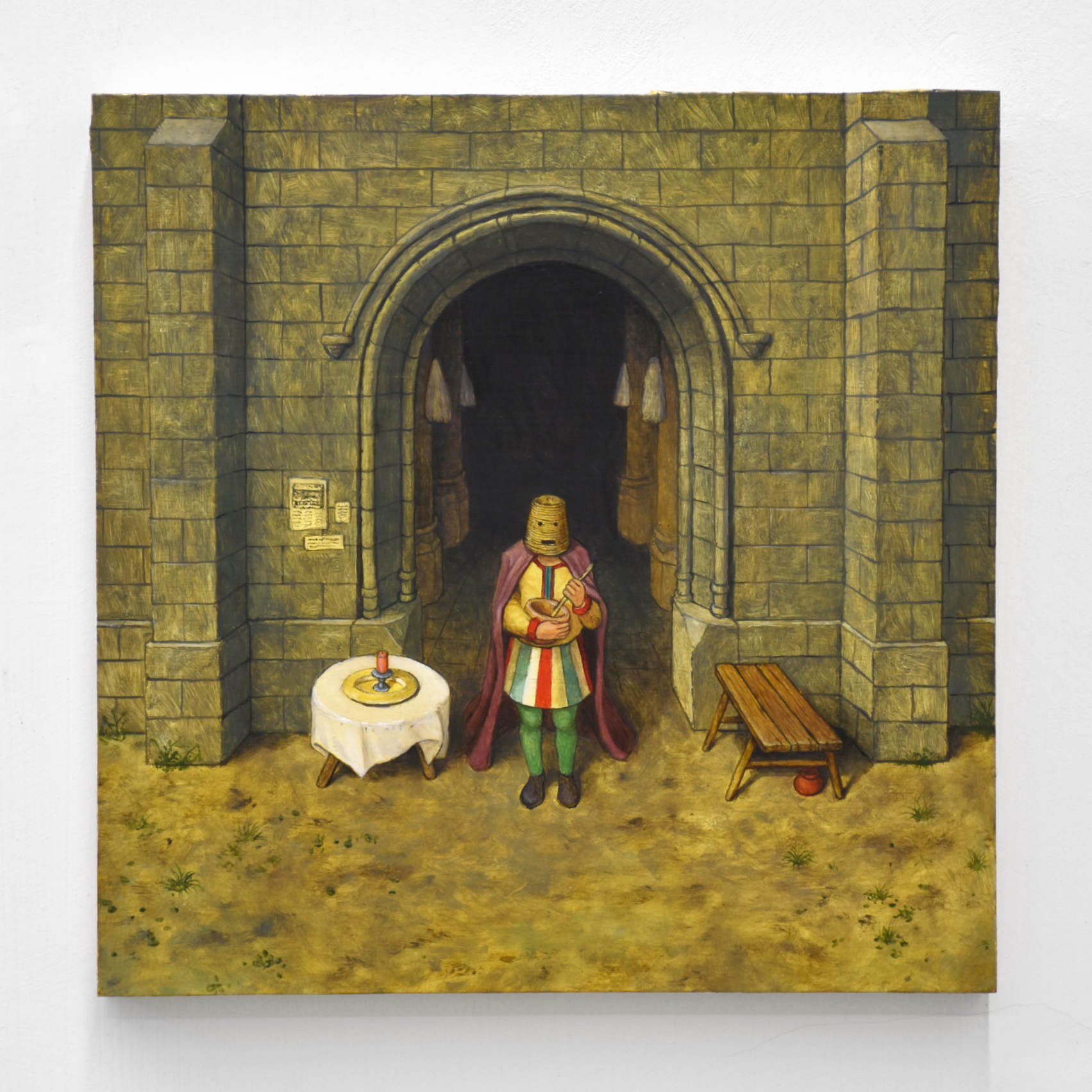 Carnival Won, par Émile Brunet. Portrait d’un chevalier devant la façade d’un château. Étude médiévale, peinture à l’huile sur bois, 12” x 12”, 2023.