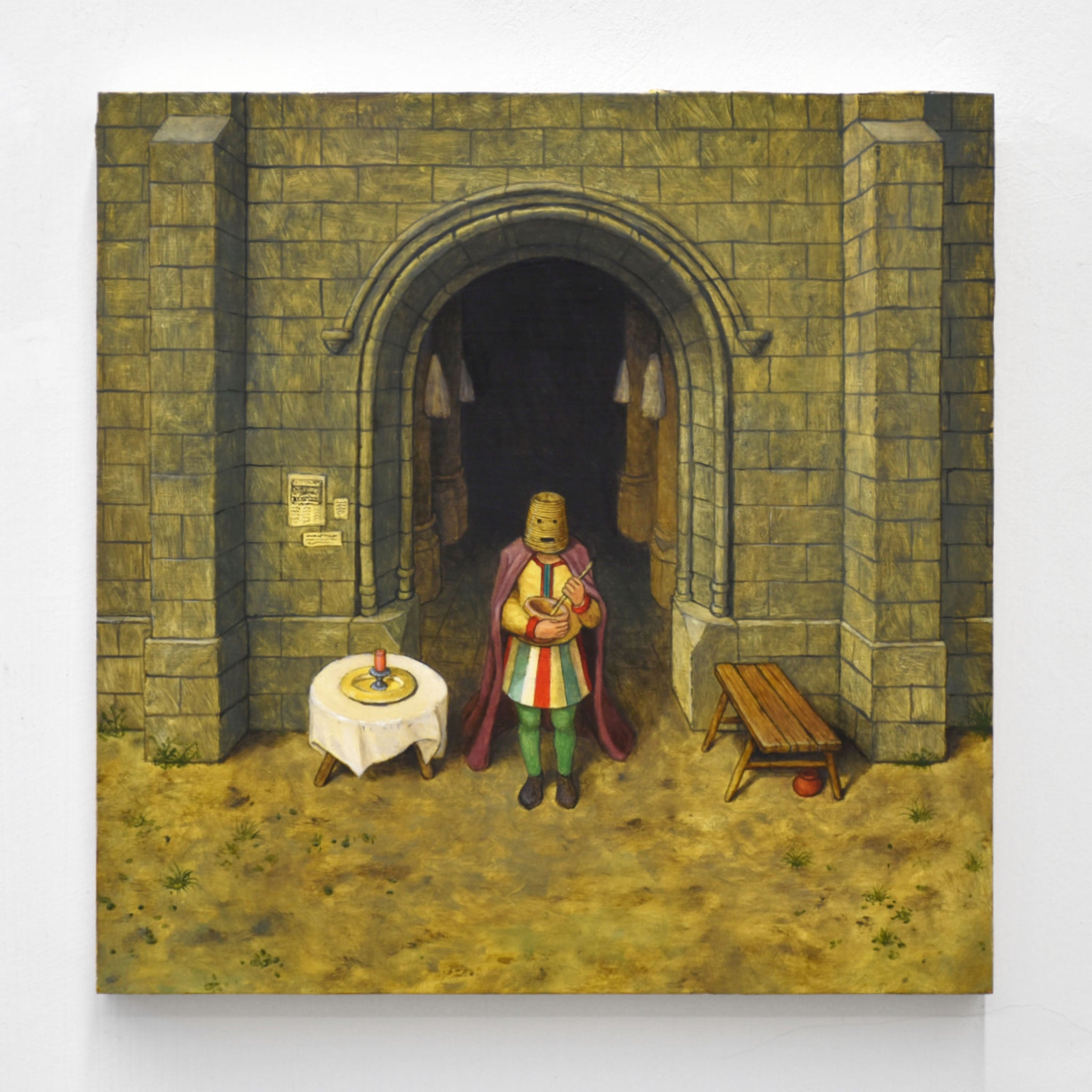 Carnival Won, par Émile Brunet. Portrait d’un chevalier devant la façade d’un château. Étude médiévale, peinture à l’huile sur bois, 12” x 12”, 2023.