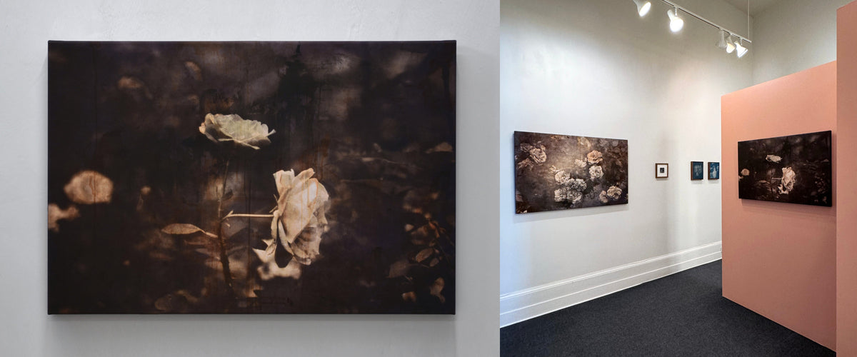 Exposition de Caroline Bolieu au Centre d’art de Kamouraska, tirages photographiques uniques, inspiration florale, impression sur toile.