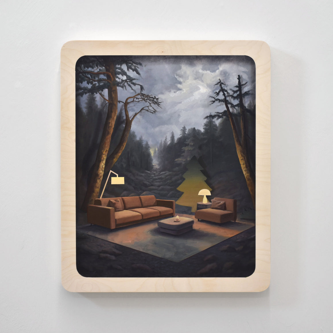 Composition surréaliste de Charles Paradis réalisée à l’huile sur bois. Un salon en plein coeur d’une forêt, sous un ciel orageux.