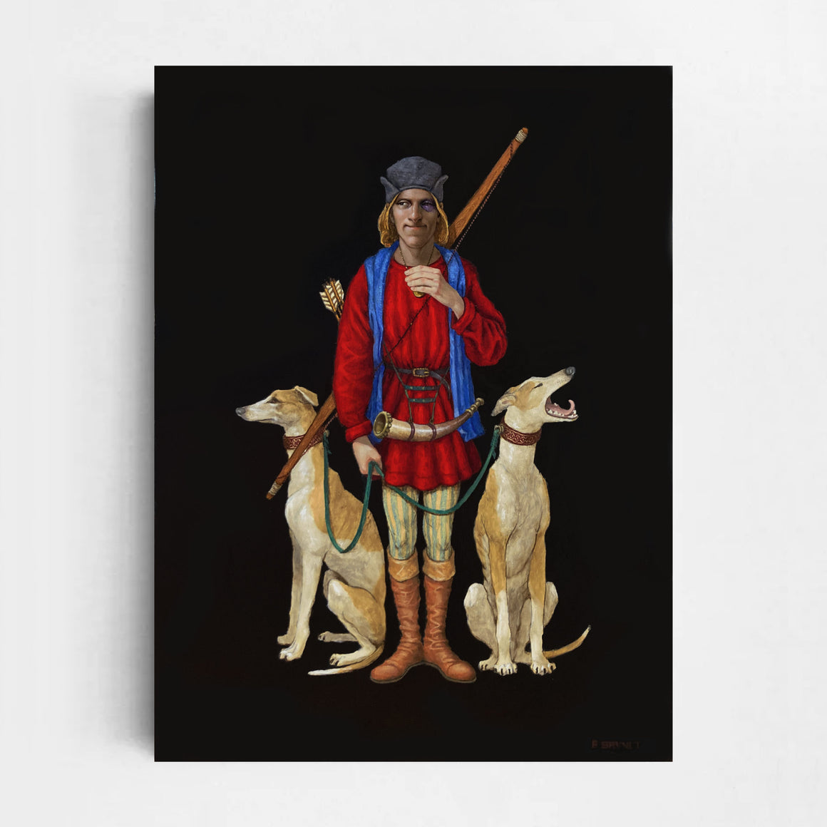 Chasseur de licorne n° 10 — Le valet, par Émile Brunet. Chevalier de l’époque médiévale aux côtés de deux greyhounds. Costume rouge et bleu d’époque. Huile sur bois, 12” x 16”, 2023.