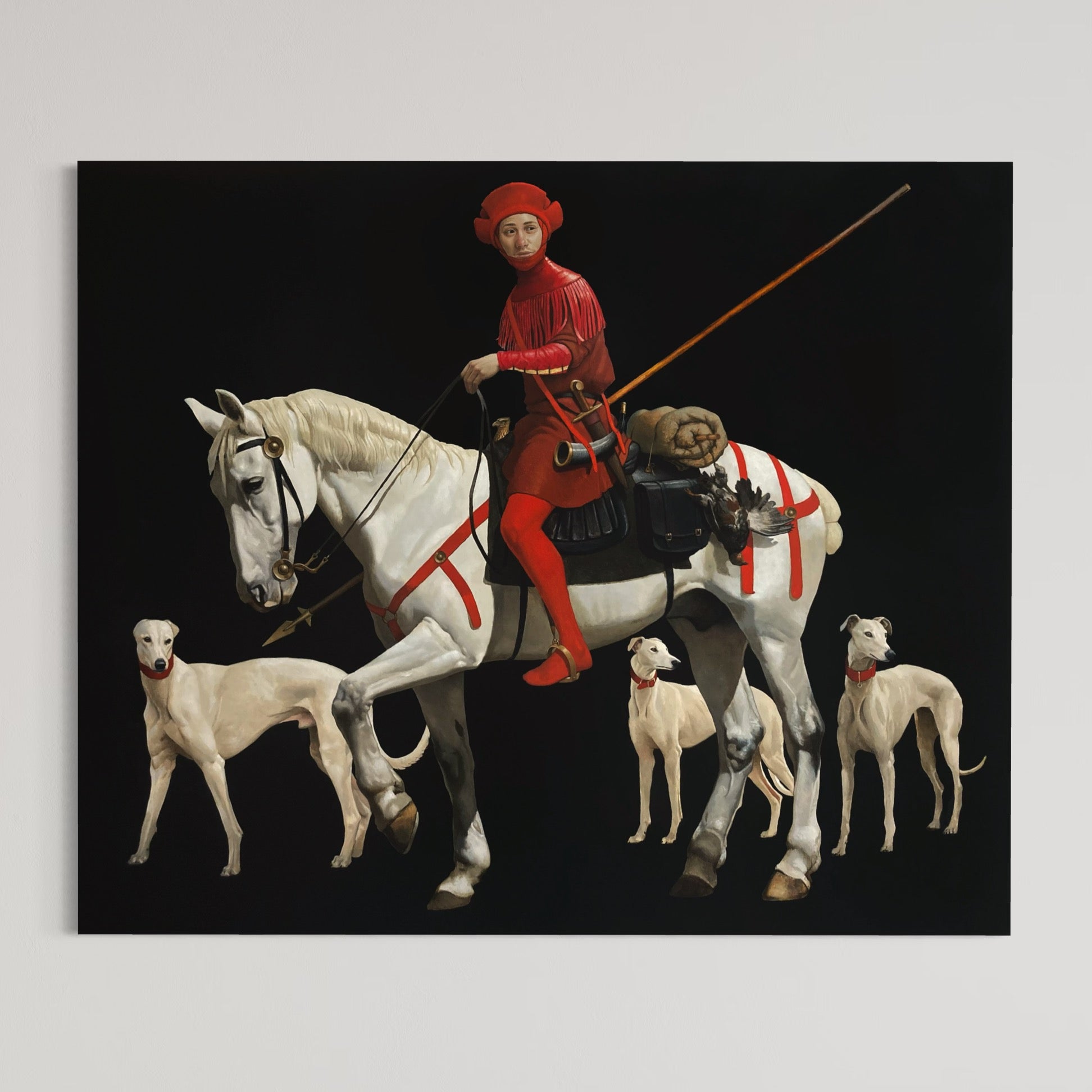 Chasseur de licorne n° 16 — Le piqueur, d’Émile Brunet. Peinture à l’huile sur bois, 24” x 30”, 2024. Chevalier rouge sur cheval blanc avec trois lévriers blancs.