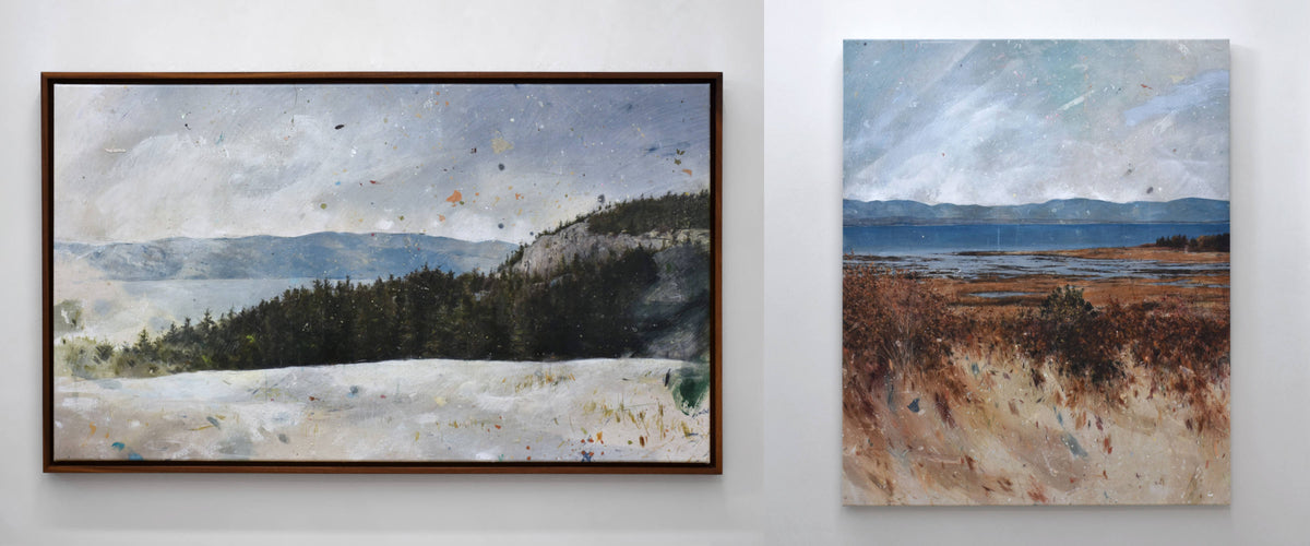 Tableaux de Chloé Giroux-Bertrand, acrylique et dessin sur bâche recyclée, inspirés des paysages du Bas-Saint-Laurent.