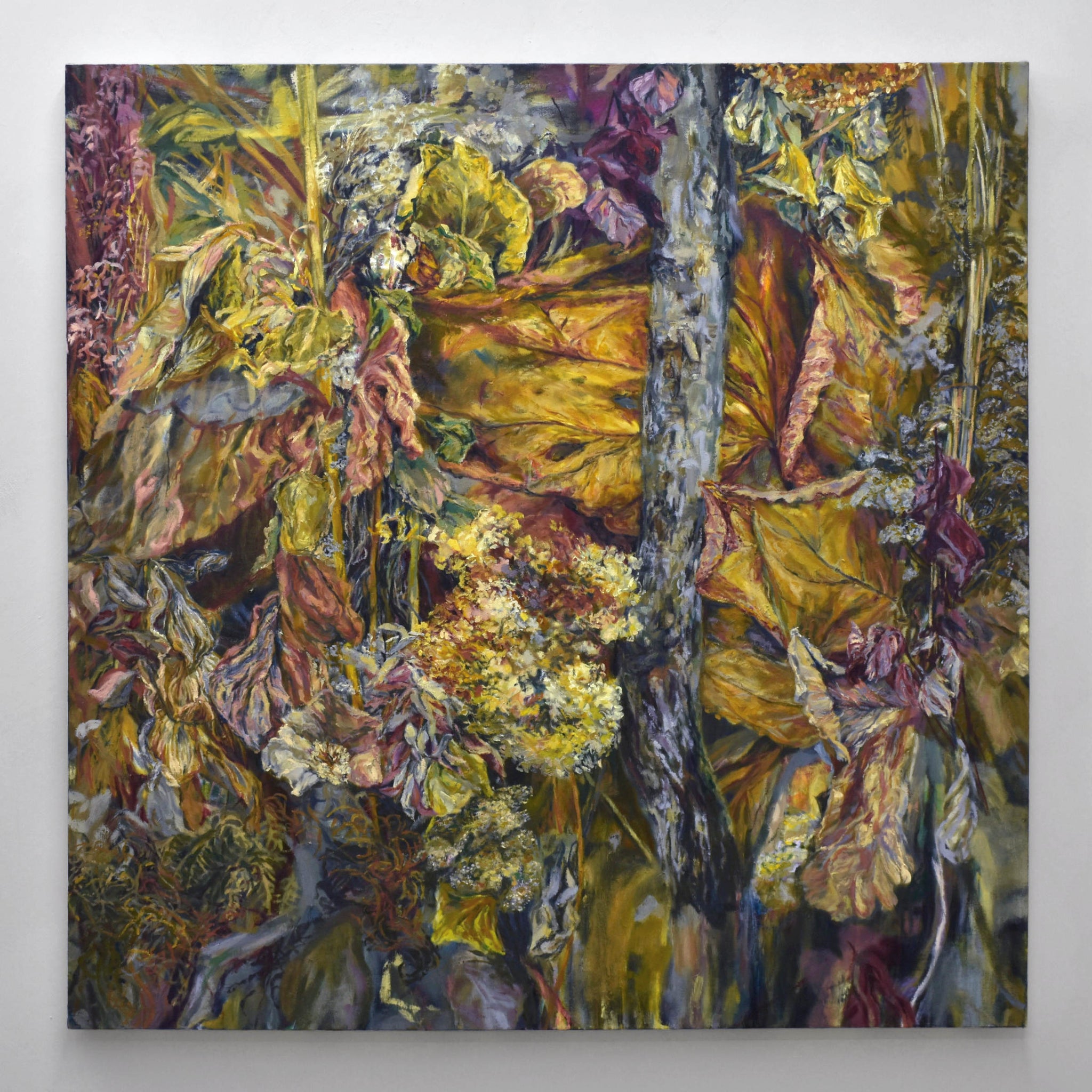 Huile sur toile, 48” x 48”, 2025. Signée Andréanne Le. Hudon, artiste de Saint-Urbain. Tableau de végétation automnale.