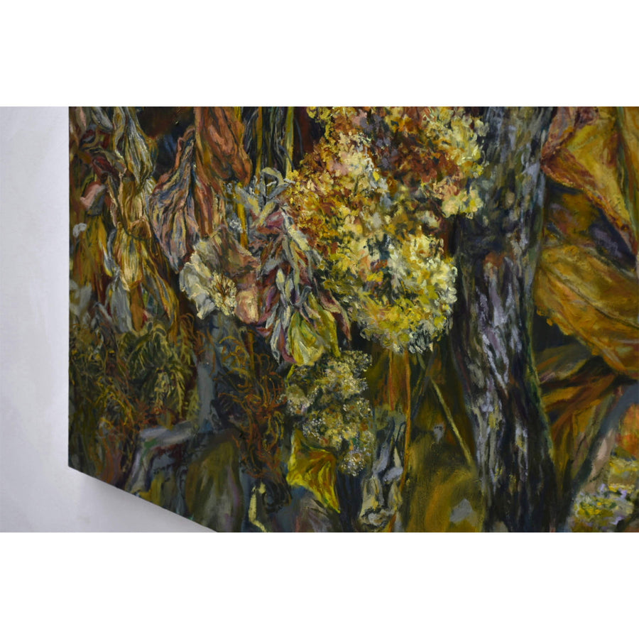 Huile sur toile, 48” x 48”, 2025. Signée Andréanne Le. Hudon, artiste de Saint-Urbain. Tableau de végétation automnale.