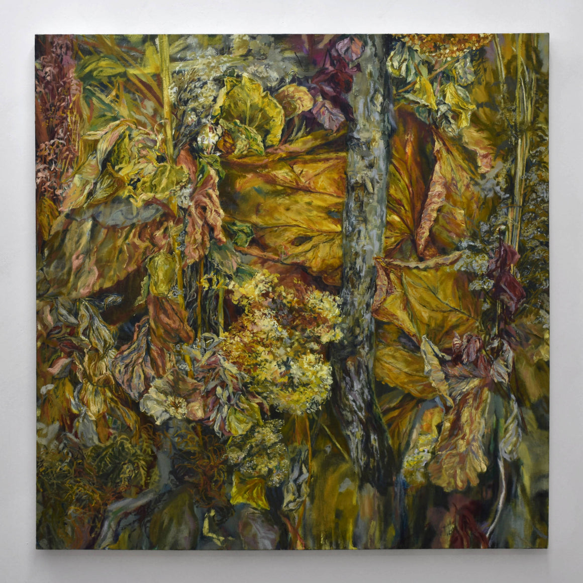 Huile sur toile, 48” x 48”, 2025. Signée Andréanne Le. Hudon, artiste de Saint-Urbain. Tableau de végétation automnale.