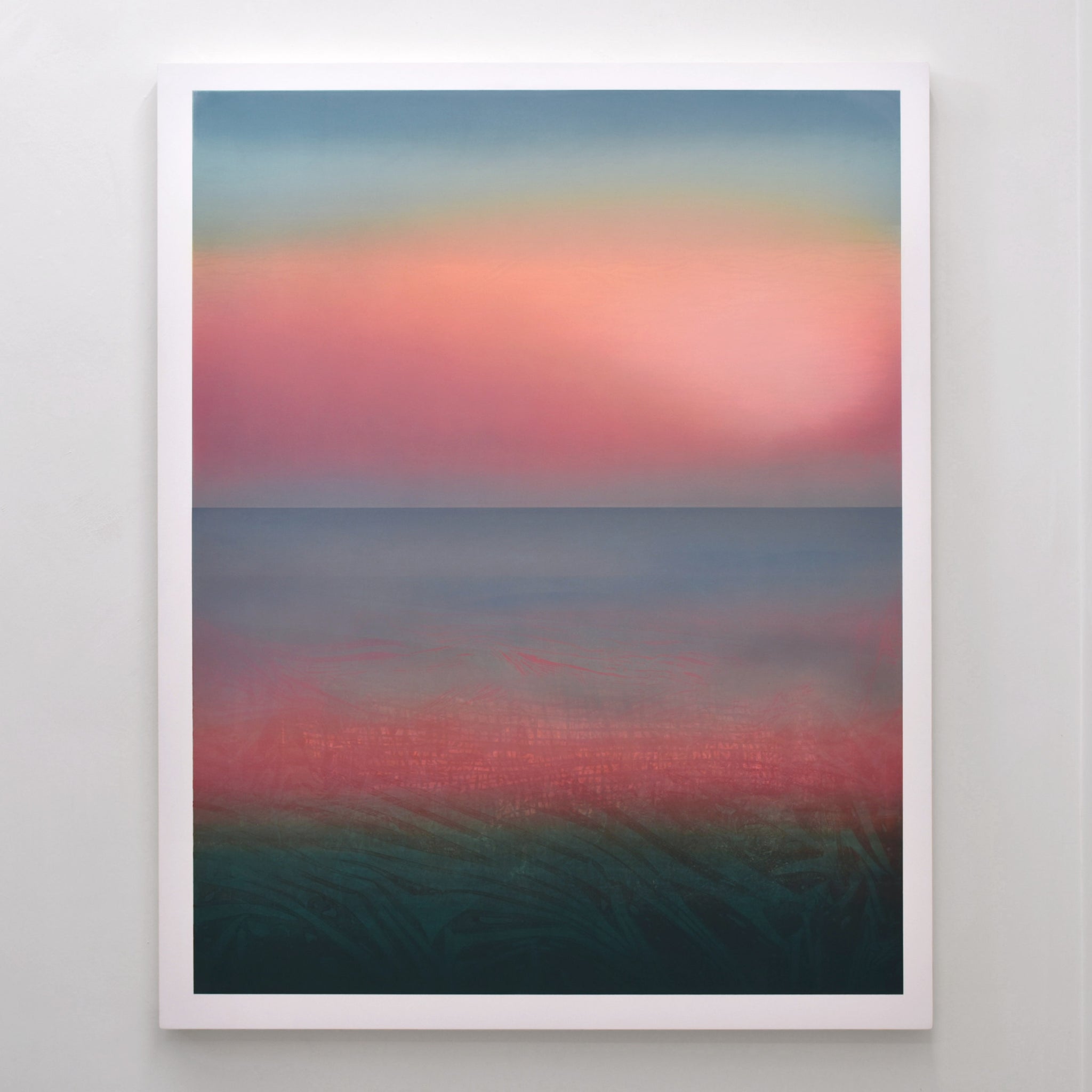 Par Jason Cantoro, acrylique sur panneau de merisier russe. Toutes les nuances d’un coucher de soleil sur la mer.