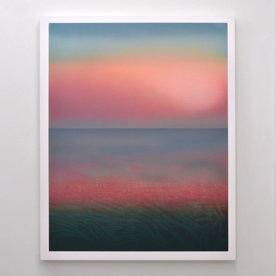 Par Jason Cantoro, acrylique sur panneau de merisier russe. Toutes les nuances d’un coucher de soleil sur la mer.