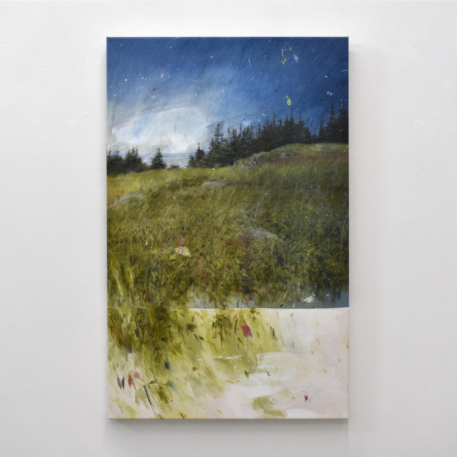 Tableau crépusculaire de Chloé Giroux-Bertrand. Un format vertical avec un champ de fleurs sauvages et des épinettes noires.