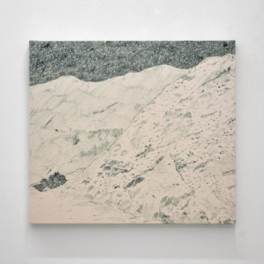 Dépôt à neige et sapin de Noël de Karine Locatelli, série reconnue, encre verte sur toile naturelle