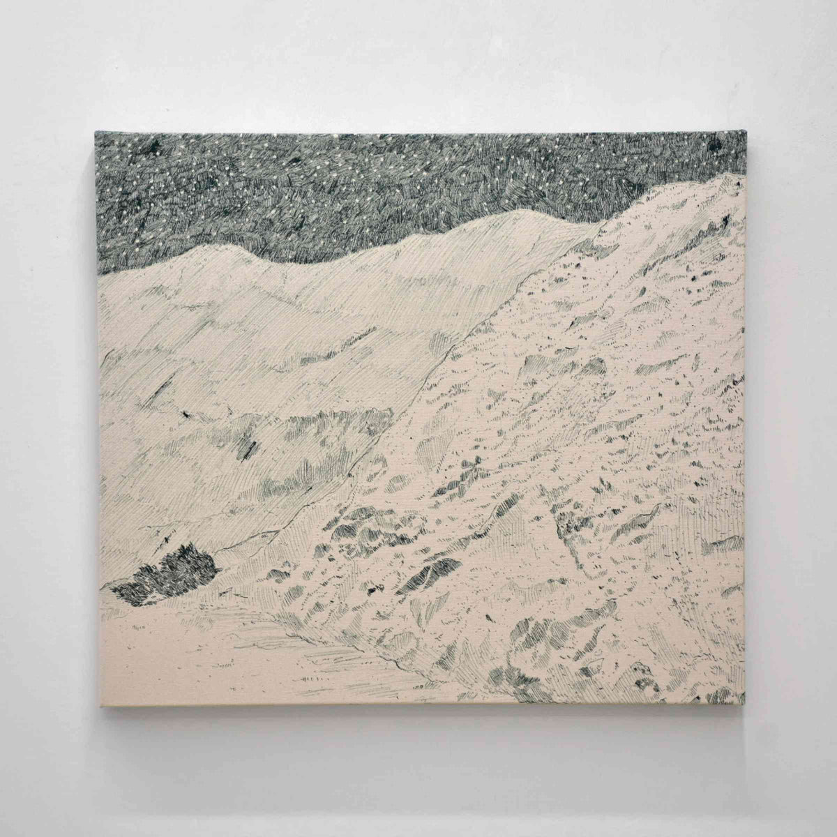 Karine Locatelli explore la représentation paysagiste à l’encre sur toile brute en y intégrant diverses techniques comme la broderie et la céramique, afin de réactualiser la tradition pleinairiste tout en évoquant la poésie des lieux et les enjeux politiques, sociaux et environnementaux liés au rapport de l’humain à son territoire.