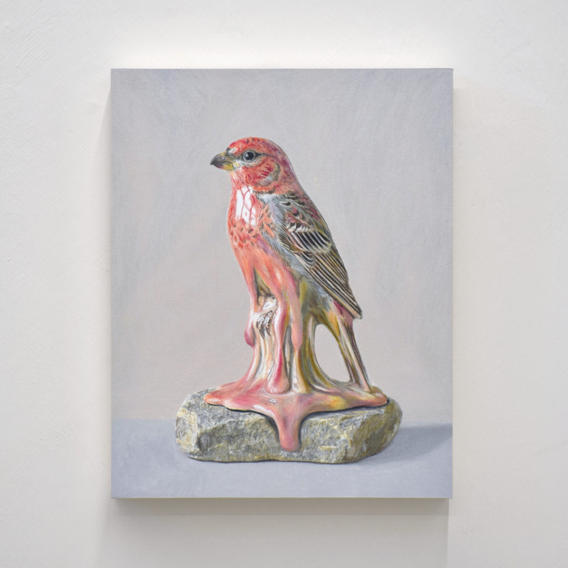 Dessin réalisé aux crayons de couleur par Pierre Durette et présenté dans le cadre de son exposition « Marécage ». Un durbec des sapins en porcelaine sur une pierre.
