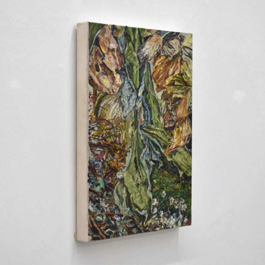 Peinture à l’huile sur toile d’Andréanne Le. Hudon. Étude d’une composition botanique faite de branches, de mousse et de feuilles séchées.
