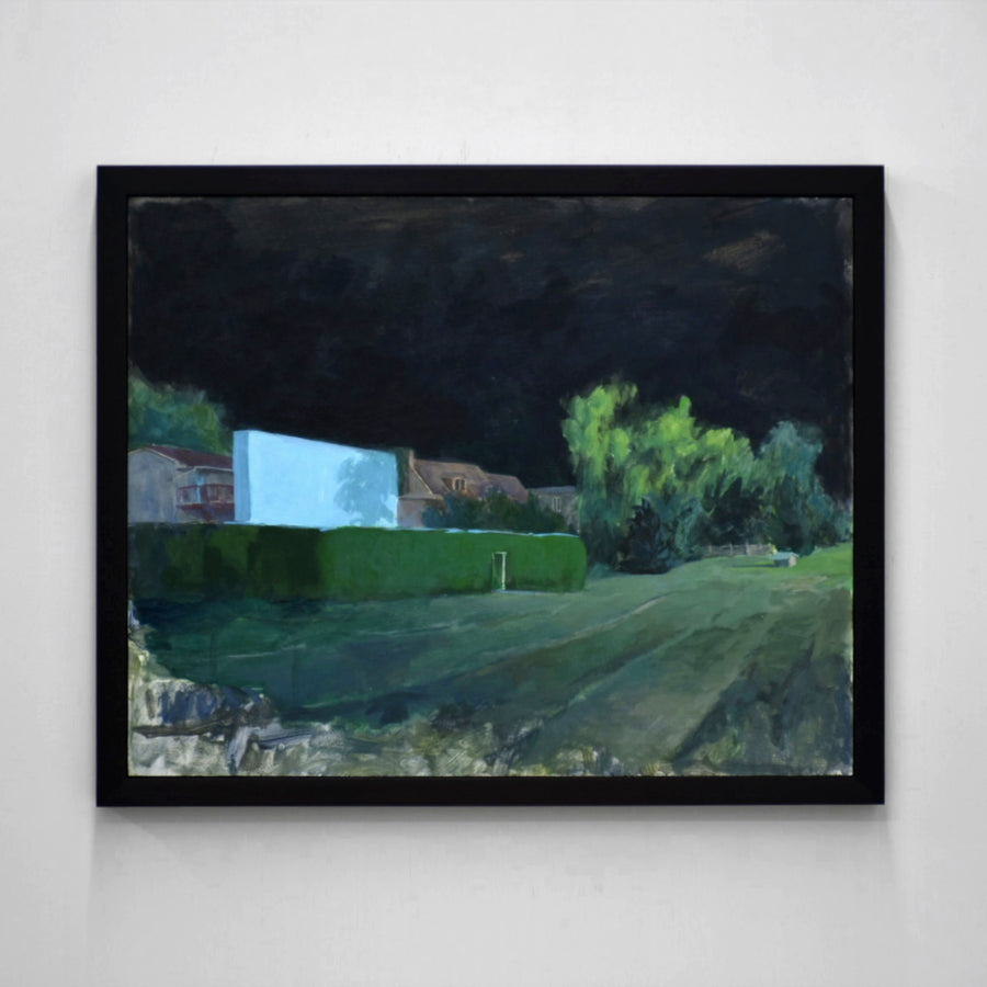 Peinture nocturne de Benoit Chartier, acrylique sur panneau de bois, encadrement en noyer fini ébène, arbres verts et ciel noir