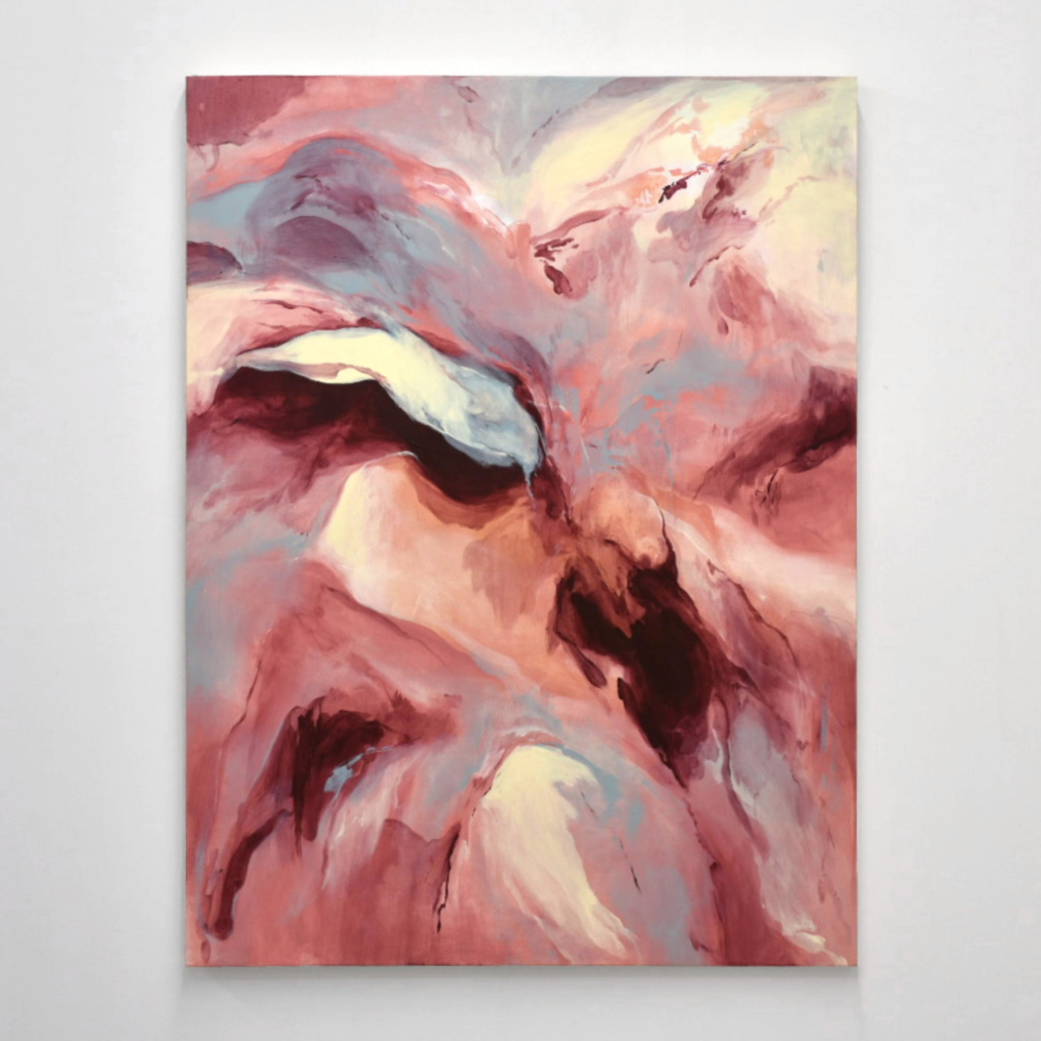 Tableau abstrait rose et rouge de Laurence Belzile, composition verticale, 36” x 48”, couleurs féminines