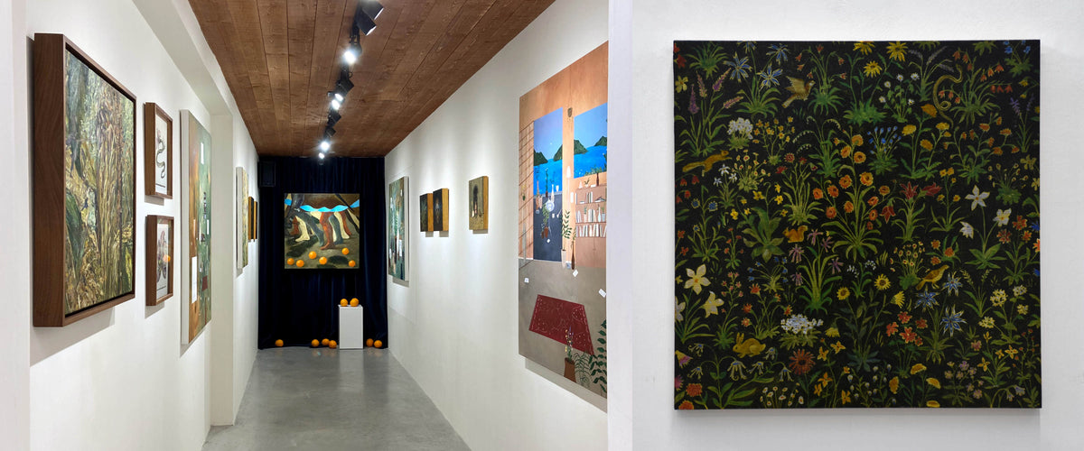 Exposition d’Émile Brunet, d’Andréanne Le. Hudon et de Gabriel Rioux à la galerie Champagne et Paradis. Huile sur bois, tapisserie médiévale.