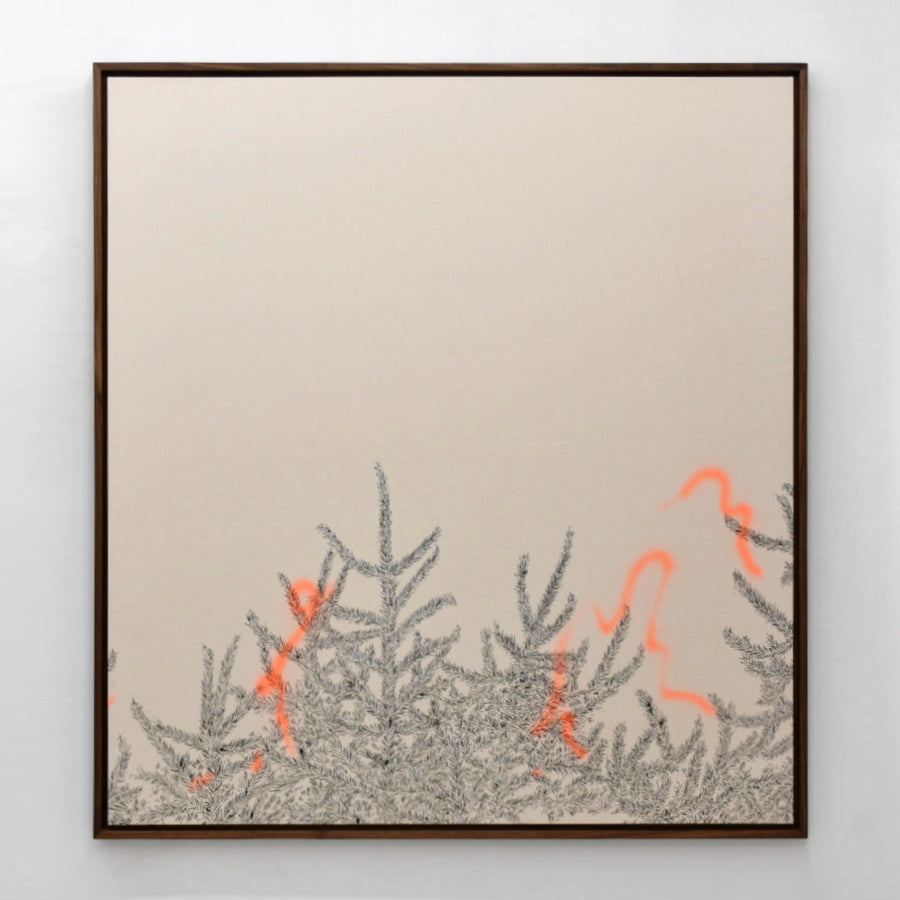 Grand format de Karine Locatelli, motif d’épinettes et de flags, orangé fluo