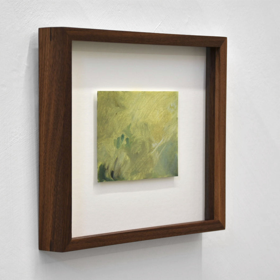 Étude de jardin, par Vanessa Locatelli. Huile sur toile cartonnée, 4” x 5,5”, 2024. Petite pochade, ambiance de jardin, tout en vert.