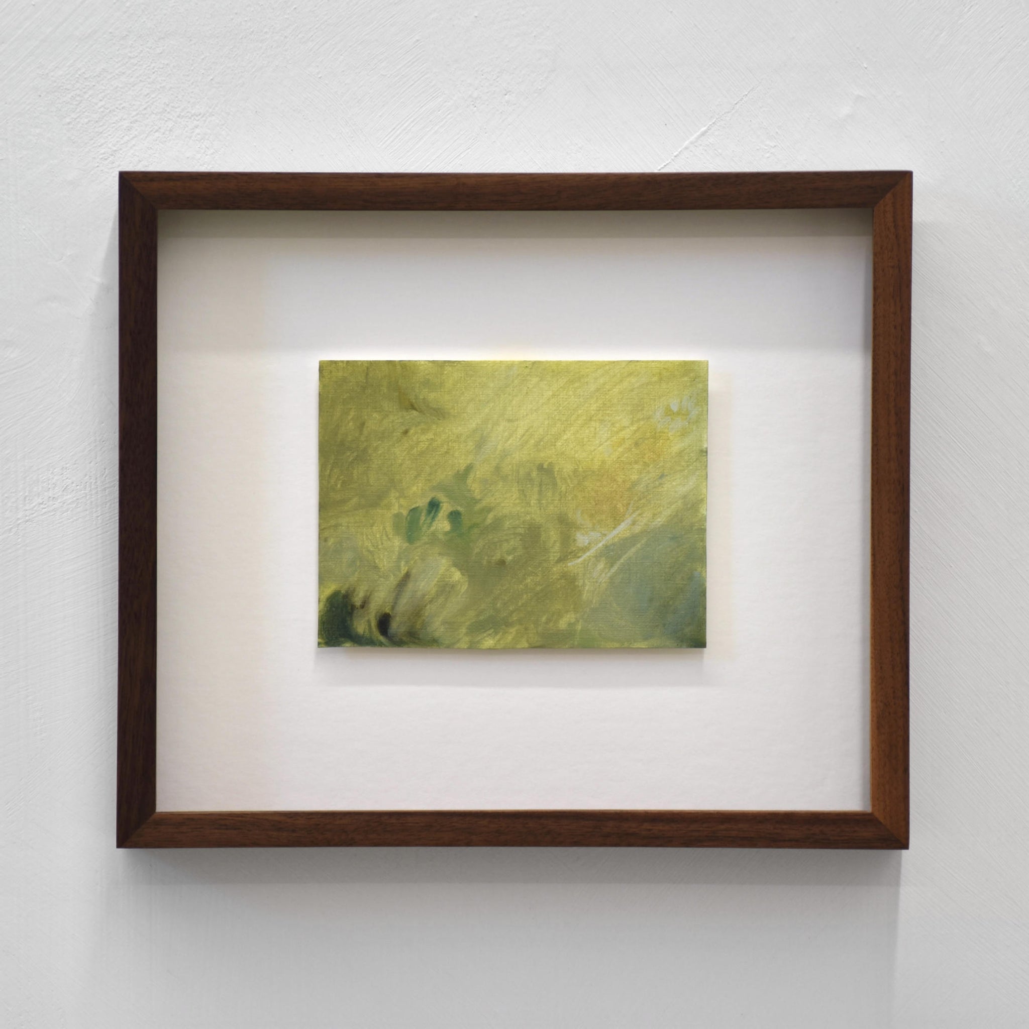 Étude de jardin, par Vanessa Locatelli. Huile sur toile cartonnée, 4” x 5,5”, 2024. Petite pochade, ambiance de jardin, tout en vert.