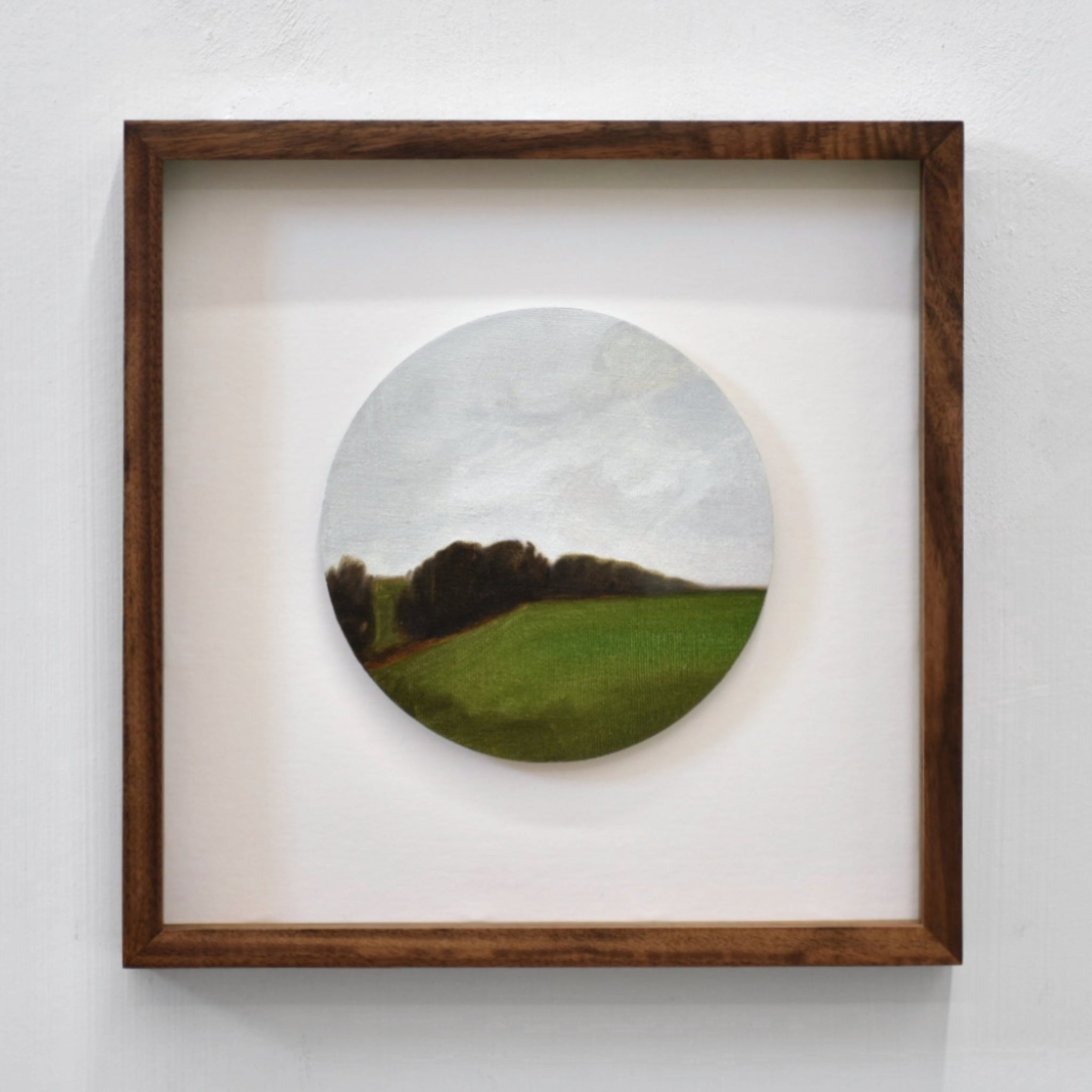 Composition circulaire de Vanessa Locatelli, étude de champs et de colline, paysage de Charlevoix, huile sur carton