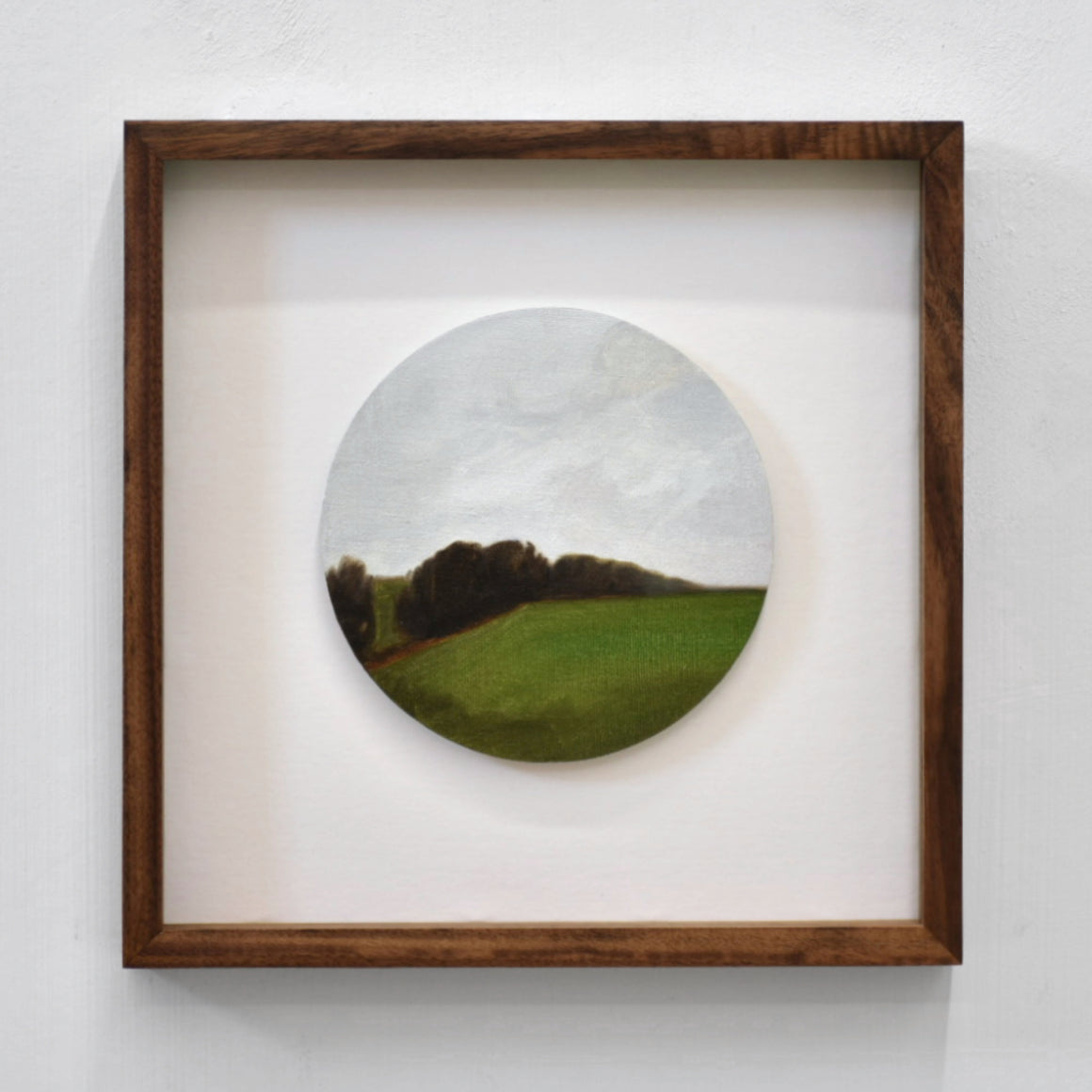 Composition circulaire de Vanessa Locatelli, étude de champs et de colline, paysage de Charlevoix, huile sur carton
