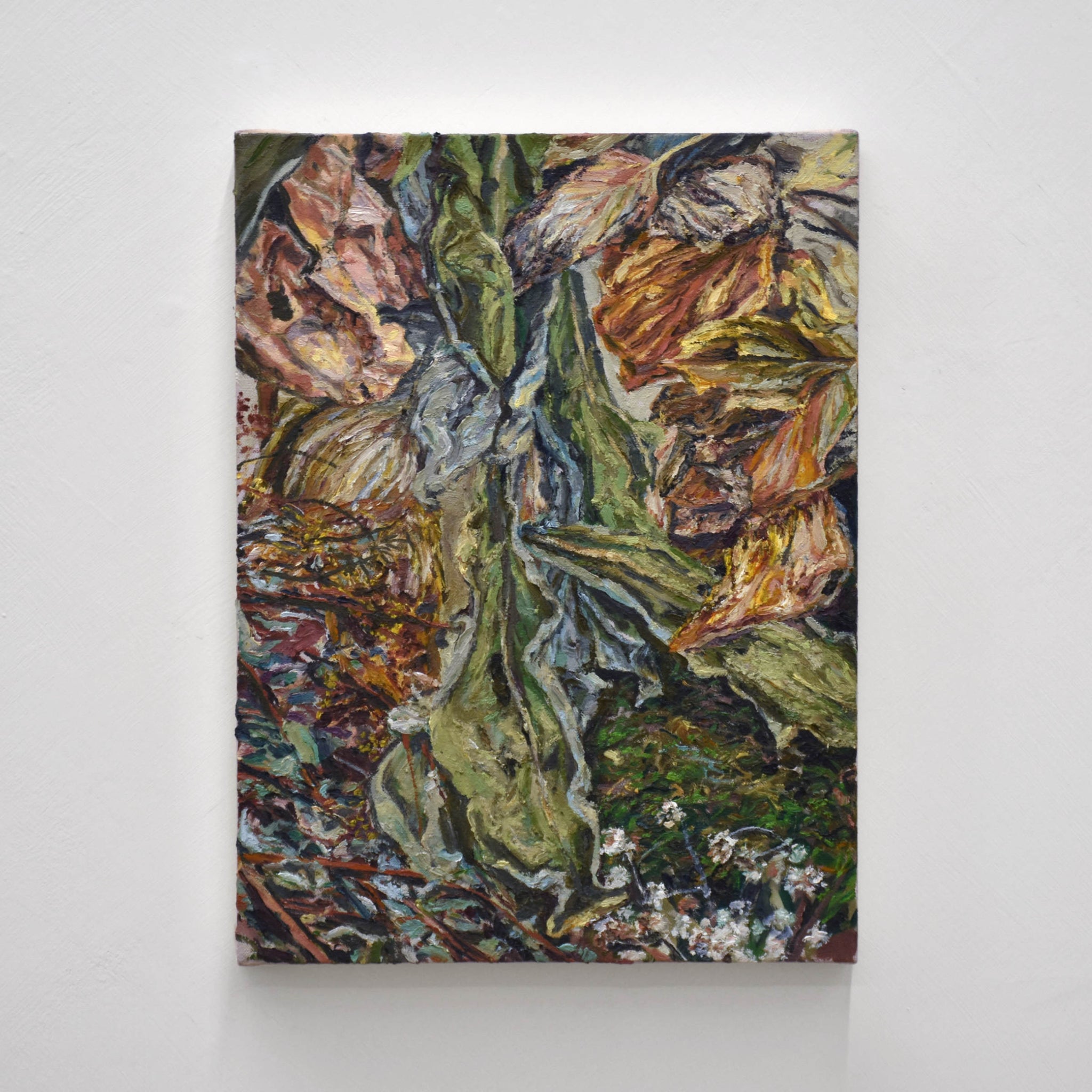 Peinture à l’huile sur toile d’Andréanne Le. Hudon. Étude d’une composition botanique faite de branches, de mousse et de feuilles séchées.
