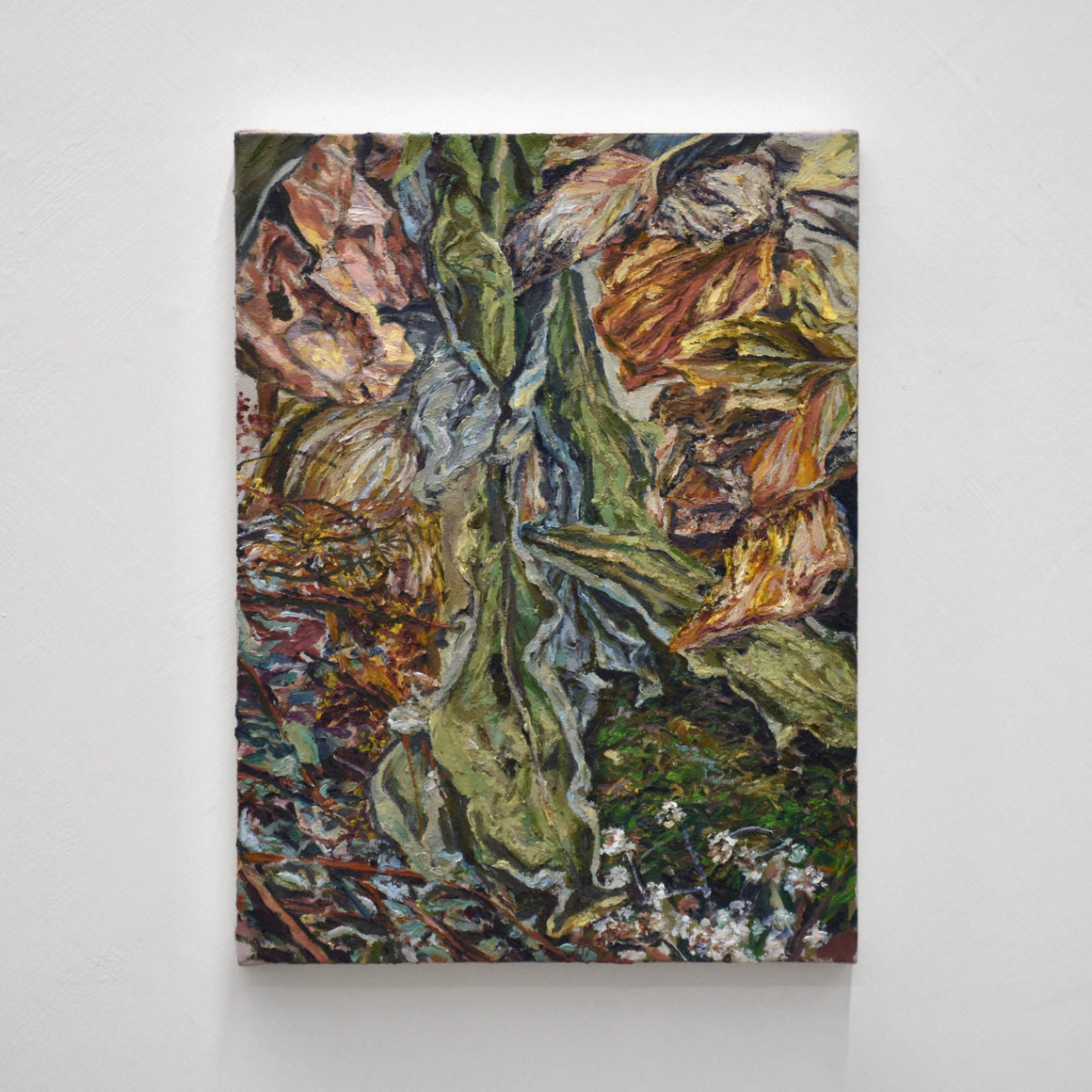 Peinture à l’huile sur toile d’Andréanne Le. Hudon. Étude d’une composition botanique faite de branches, de mousse et de feuilles séchées.