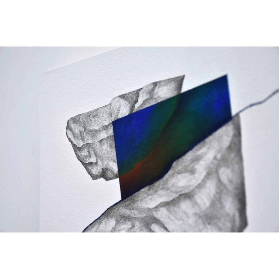 Abstraction surréaliste d’Elisabeth Gravel composée de deux rochers en suspension dans le vide et entourés d’un bloc de couleurs.