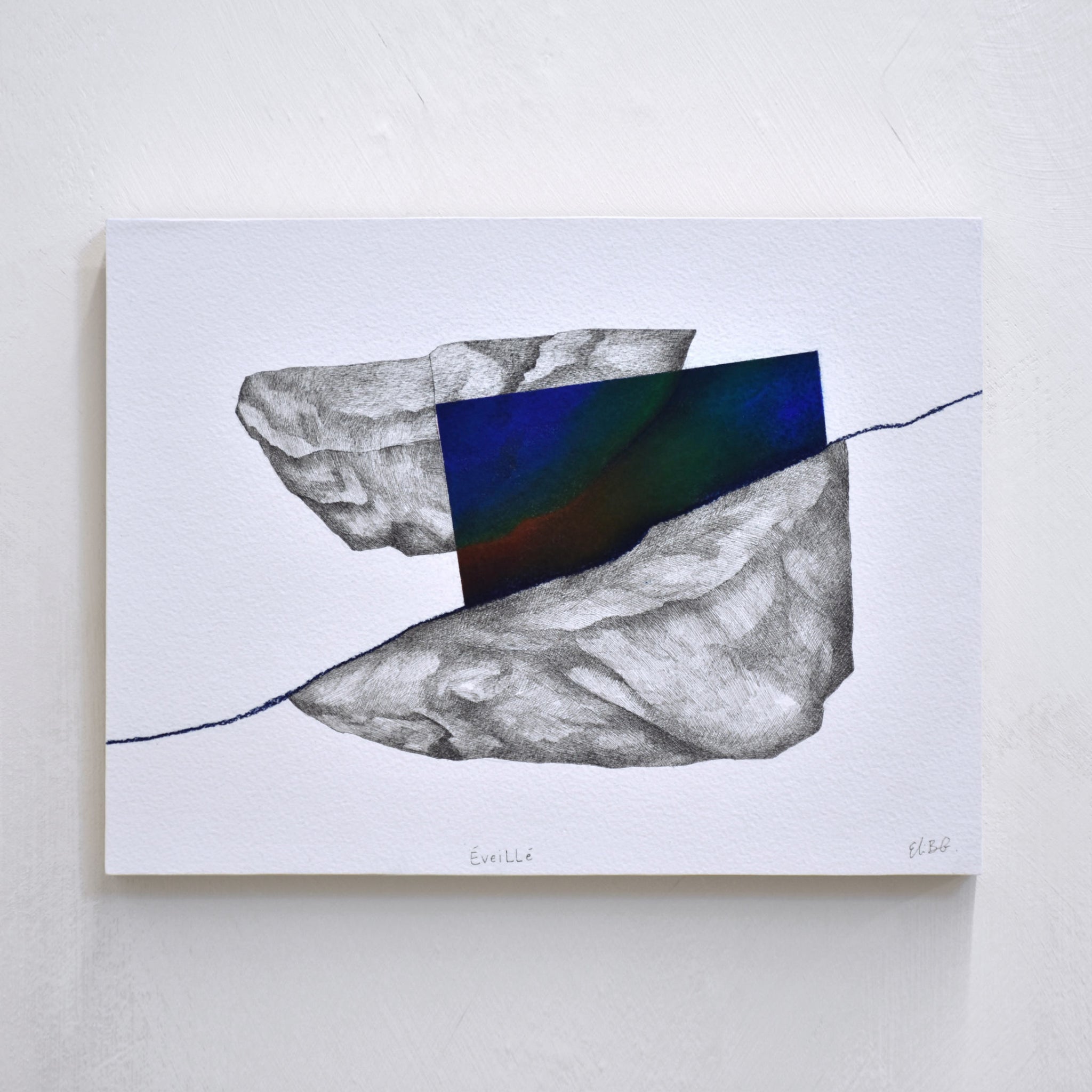 Abstraction surréaliste d’Elisabeth Gravel composée de deux rochers en suspension dans le vide et entourés d’un bloc de couleurs.