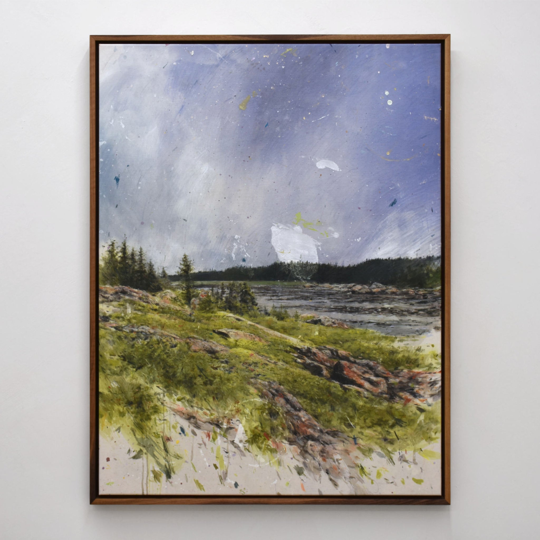 Explorer la petite île, de Chloé Giroux-Bertrand et mise en valeur par un encadrement en noyer. Rivage vert et ciel bleu violet.