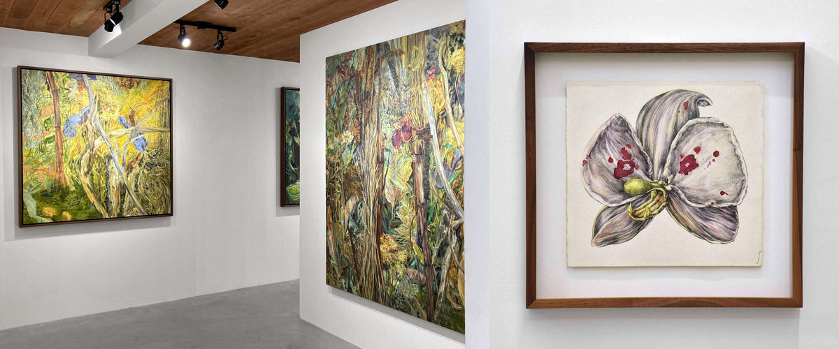 Exposition solo d’Andréanne Le. Hudon à la galerie Champagne et Paradis. Huile sur toile et aquarelle sur papier. Art botanique.