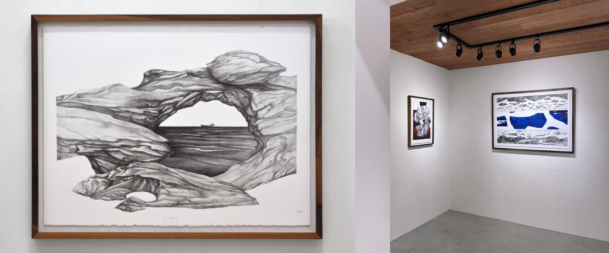 Exposition des dessins surréalistes réalisés à l’encre noire sur papier Arches par Elisabeth Gravel, chez Champagne et Paradis.