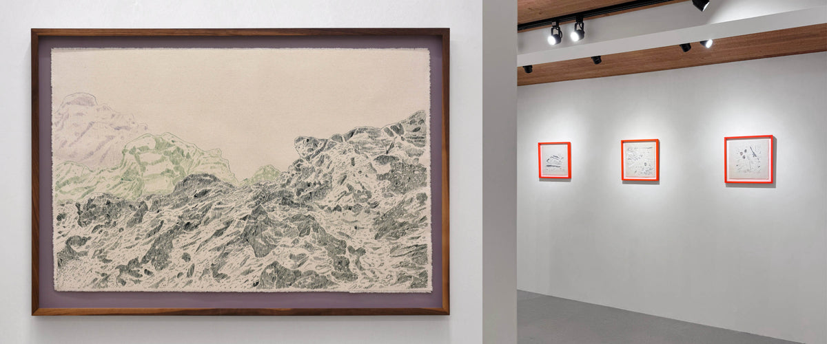 Exposition solo de Karine Locatelli à la galerie Champagne et Paradis. Encre de chine sur toile naturelle, encadrement sur mesure par Atelier 27 x 27.