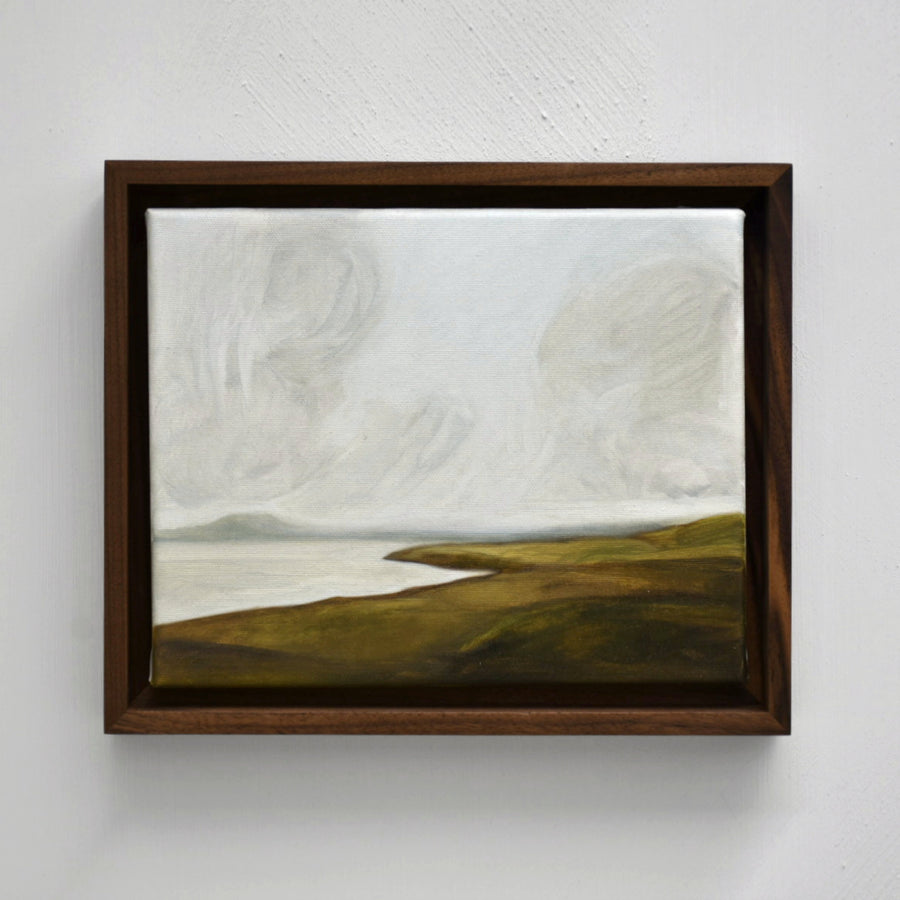 Marine à l’huile sur toile de Vanessa Locatelli, paysage d’Irlande, brume à l’horizon