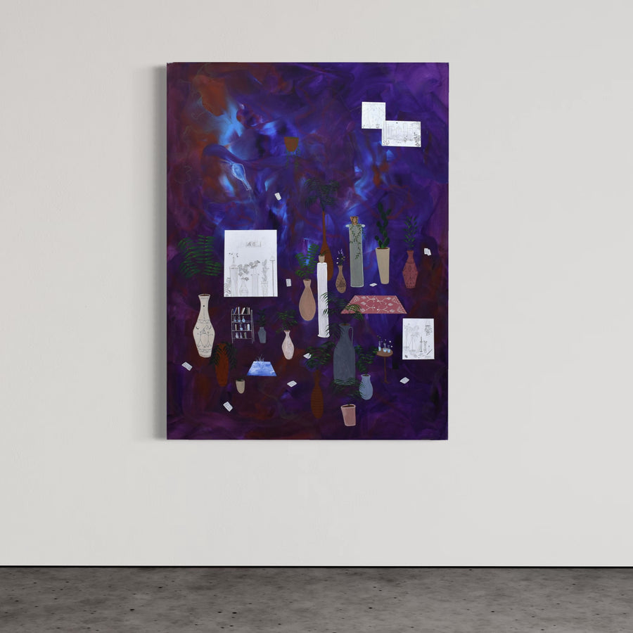 Friends for life, par Gabriel Rioux. Acrylique et crayon sur toile, 36” x 48”, 2023. Peinture surréaliste contemporaine, plantes d’intérieur sur fond mauve abstrait.