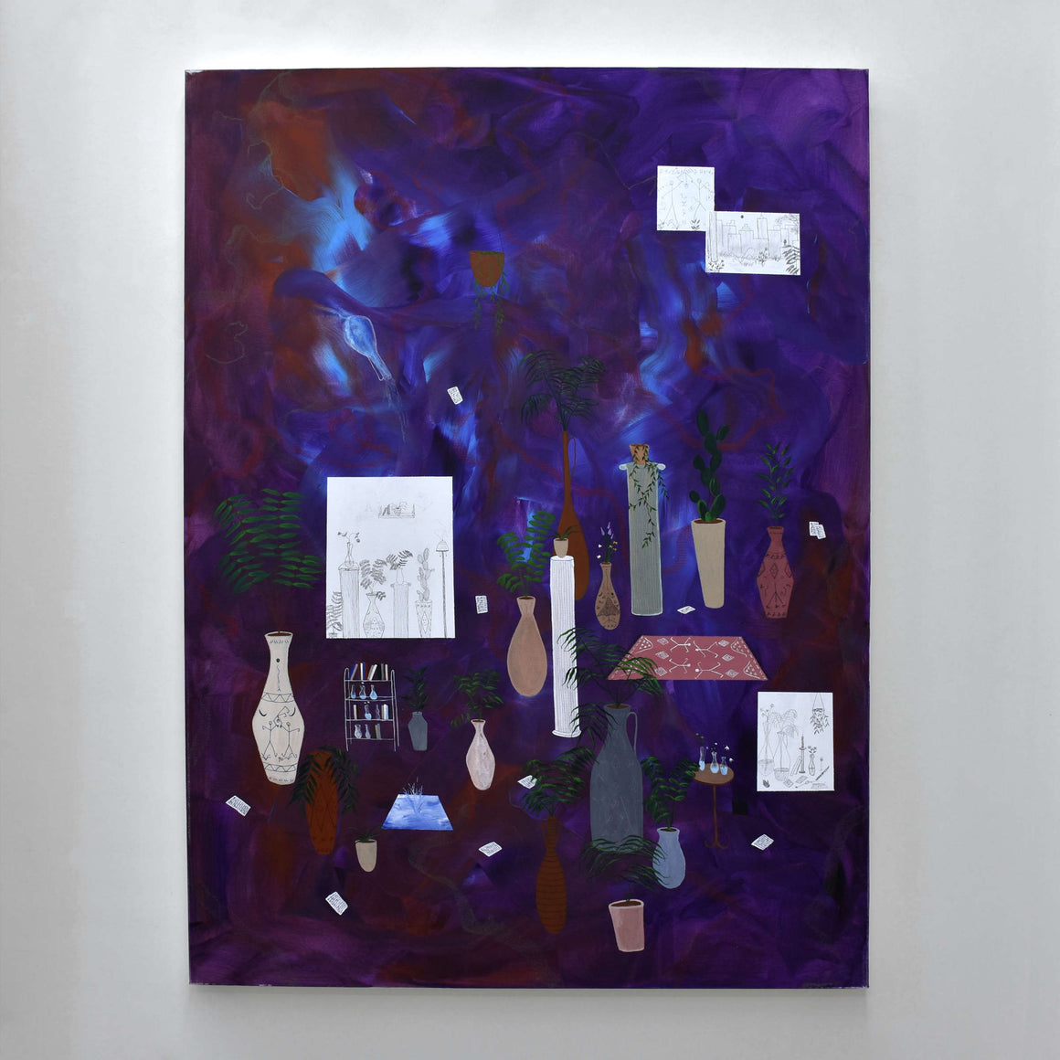 Friends for life, par Gabriel Rioux. Acrylique et crayon sur toile, 36” x 48”, 2023. Peinture surréaliste contemporaine, plantes d’intérieur sur fond mauve abstrait.