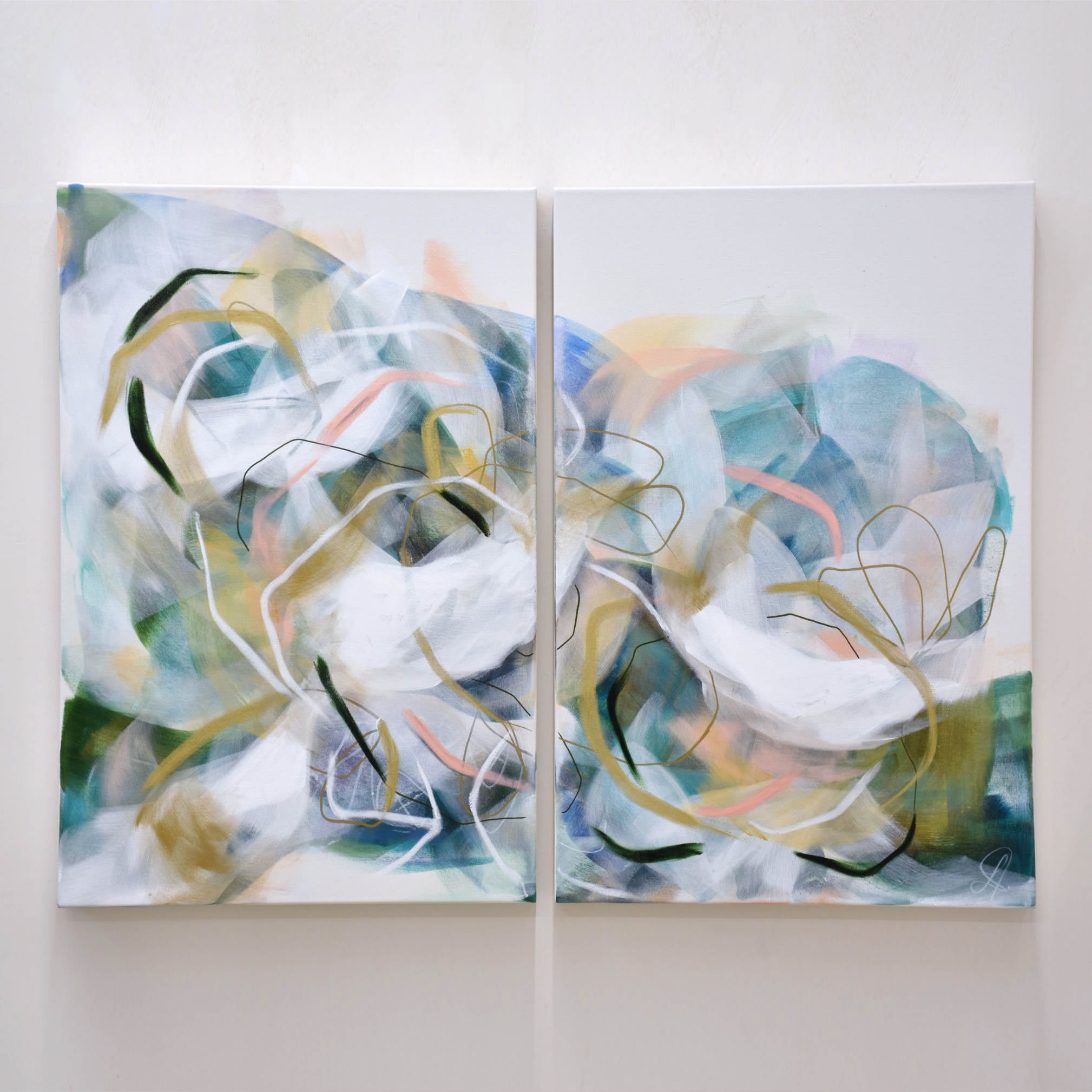 Halfway, de Lysa Jordan. Un diptyque de deux toiles de 20” x 30”. Oeuvre abstraite avec mouvement inspiré de la nature.