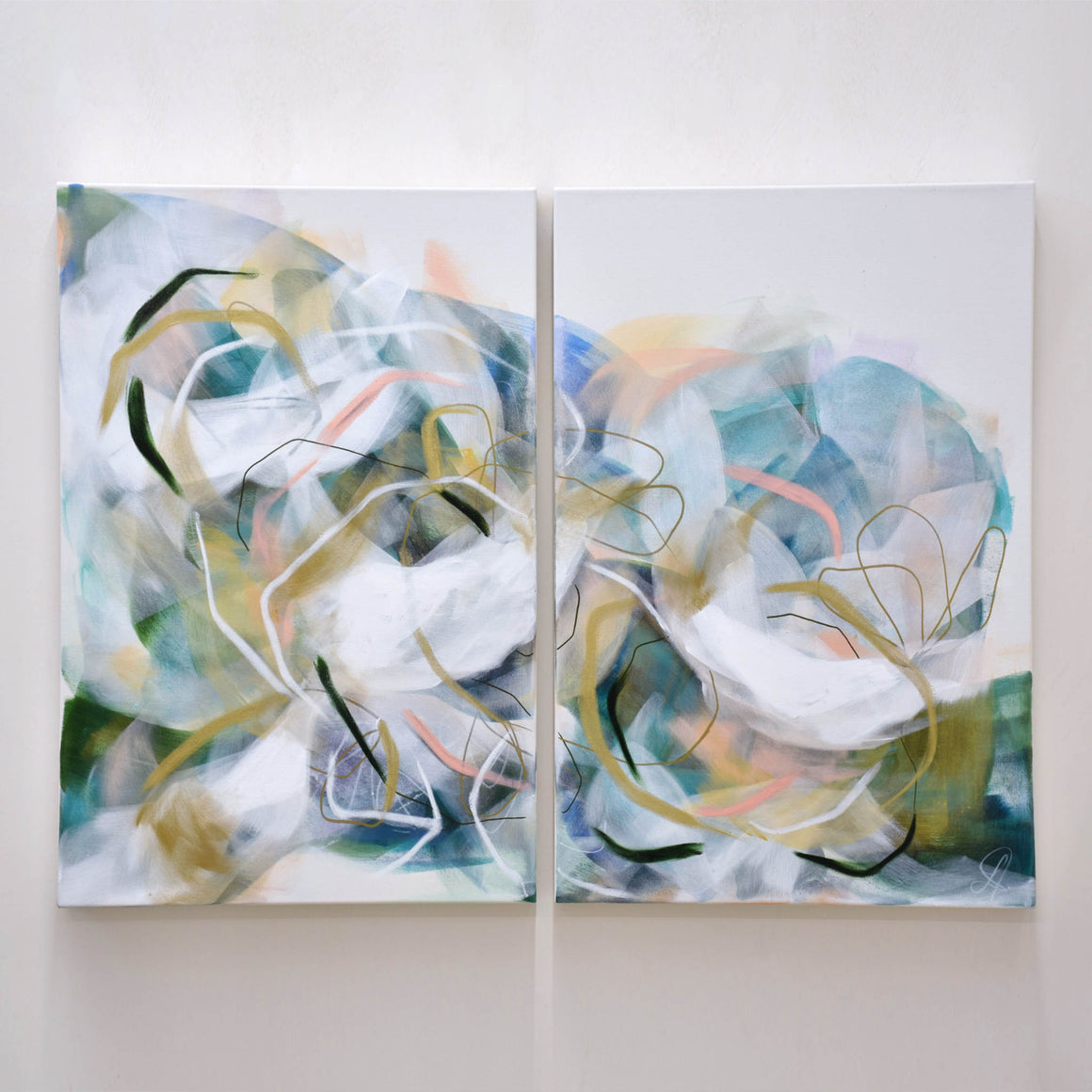 Halfway, de Lysa Jordan. Un diptyque de deux toiles de 20” x 30”. Oeuvre abstraite avec mouvement inspiré de la nature.