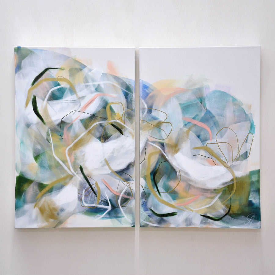 Halfway, de Lysa Jordan. Un diptyque de deux toiles de 20” x 30”. Oeuvre abstraite avec mouvement inspiré de la nature.