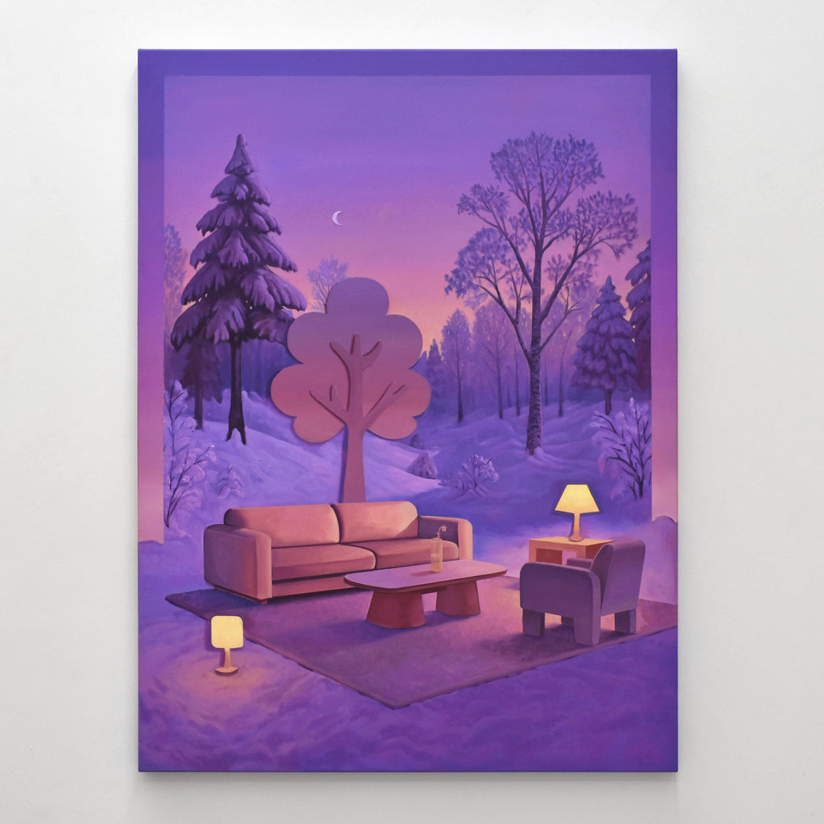 Ce tableau de Charles Paradis est inspiré de la magie hivernale ayant lieu lors du crépuscule sur un paysage tout blanc de neige. Peinture à l’huile sur toile, 36” x 48”, 2025.