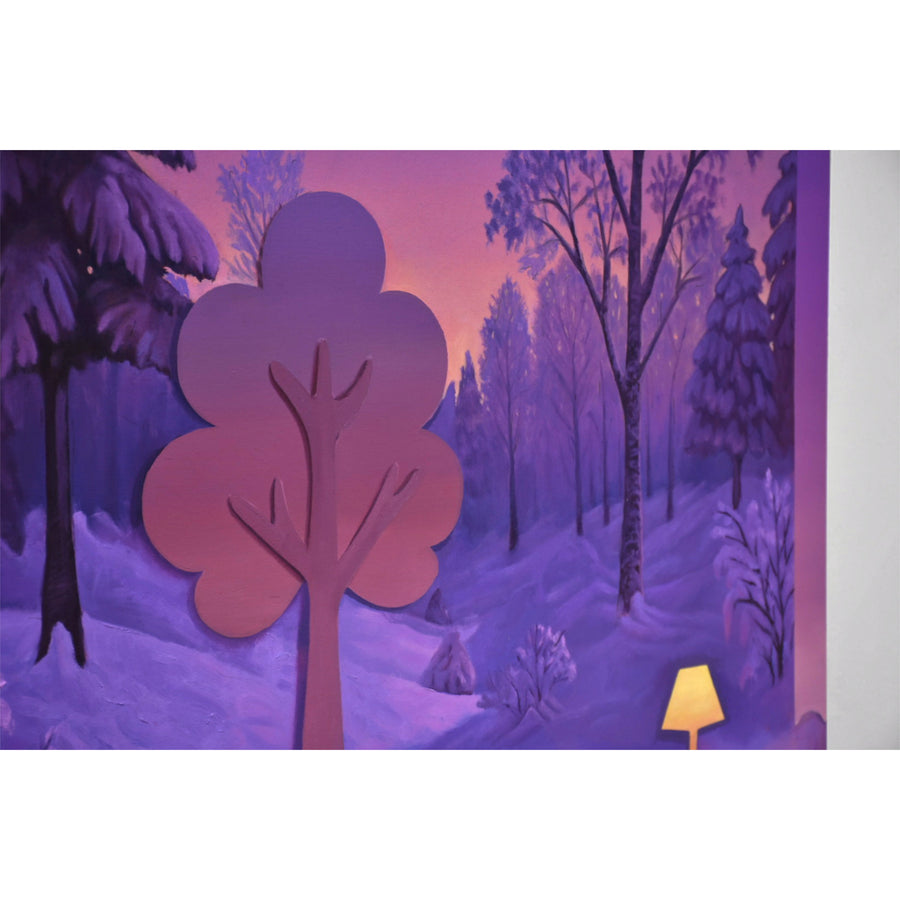 Ce tableau de Charles Paradis est inspiré de la magie hivernale ayant lieu lors du crépuscule sur un paysage tout blanc de neige. Peinture à l’huile sur toile, 36” x 48”, 2025. Artiste à découvrir.