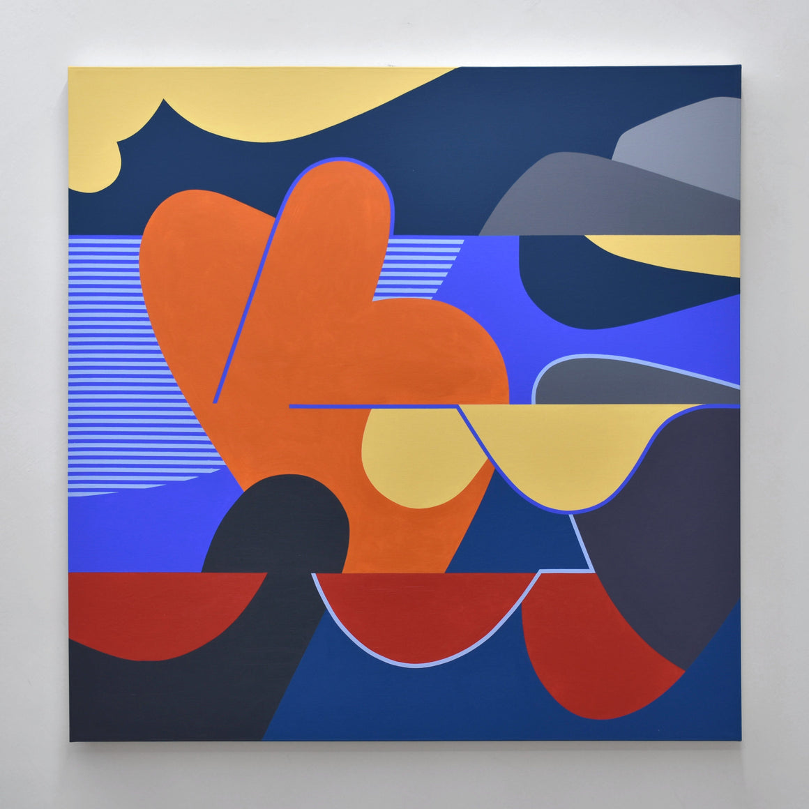 Un tableau coloré, aux limites de l’abstraction, peint par Philippe Poullaouec-Gonidec, qui s’inspire du paysage et des lignes humaines sensuelles.